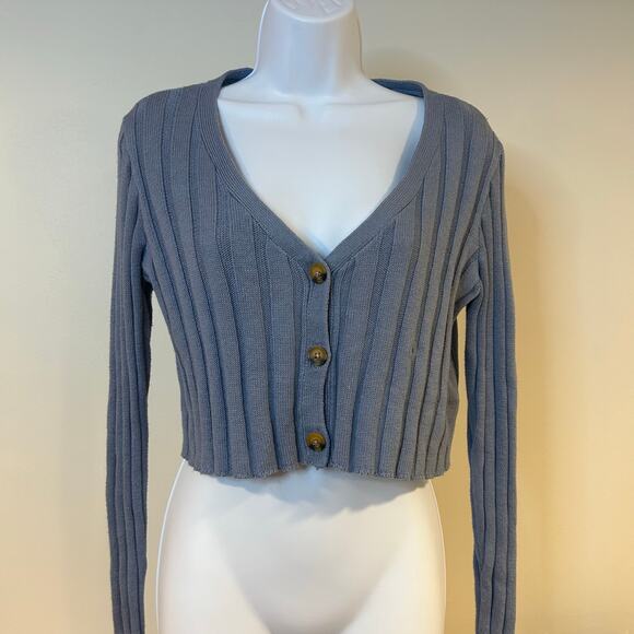 AEROPASTLE Sz M Blue Cropped Ribbed Button Up Preppy Comfort V Neck Long Sleeve - Picture 3 of 8